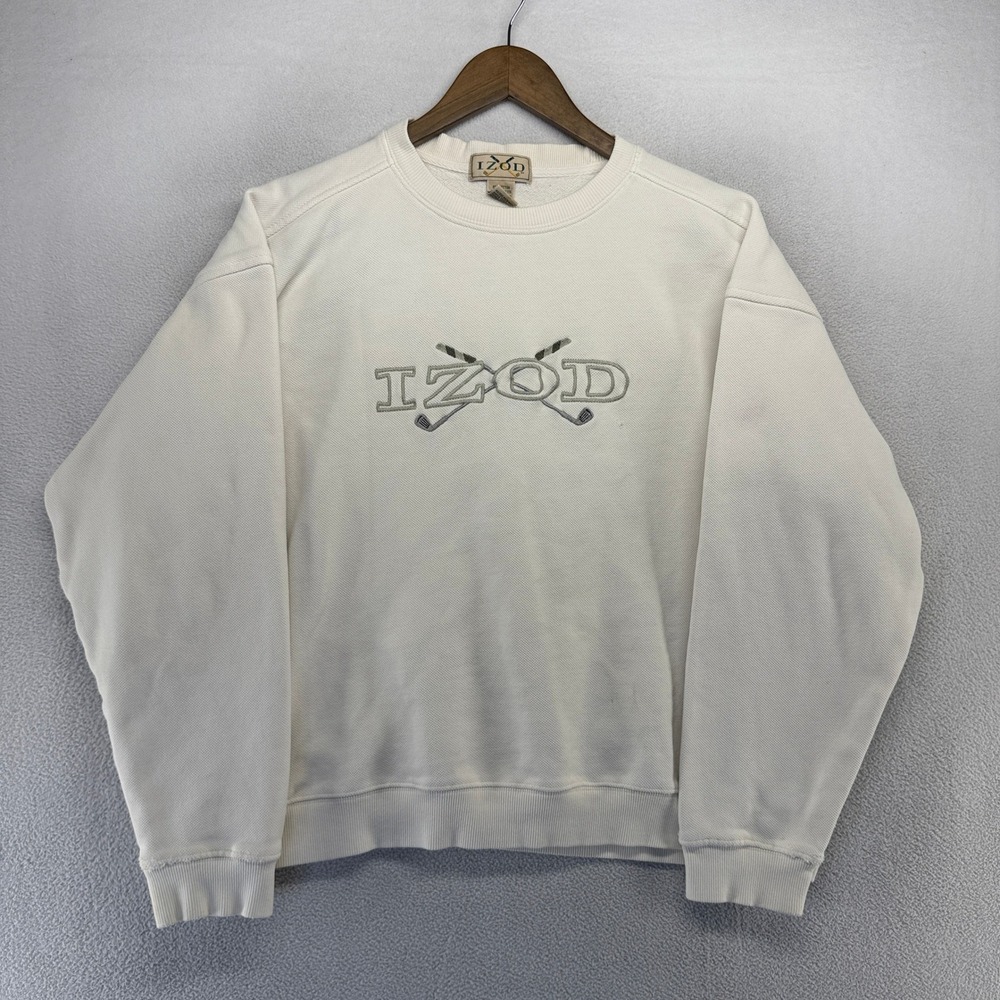 Vintage IZOD Sweatshirt Mens XL Beige Golf Logo Embroidered Pullover Distressed